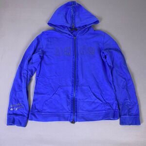 Y2K BCBG Max Azria Zip Hoodie Sweatshirt Women Large Royal Blue Rhinestone Logo*